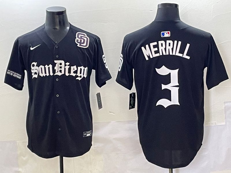Men 2025 San Diego Padres #3 Merrill Black Five generations Joint Name Nike MLB Jersey style 17